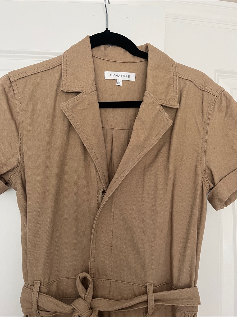 Dynamite Utility Romper Belted Tan Short-Sleeve Jumpsuit - Picture 3 of 7